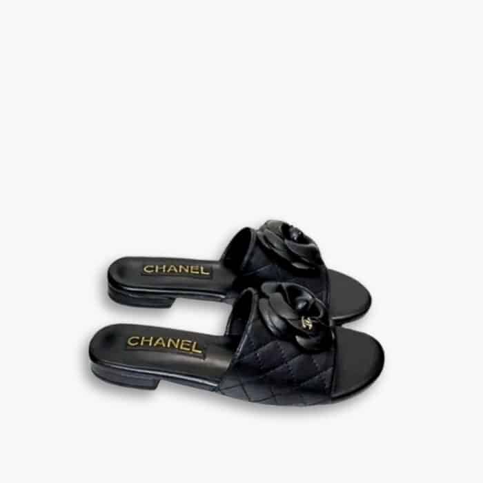 Chanel Camellia Leather Slides Black