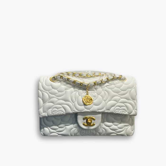 Chanel Flap Bag With Camellia Flower Chain White 26cm