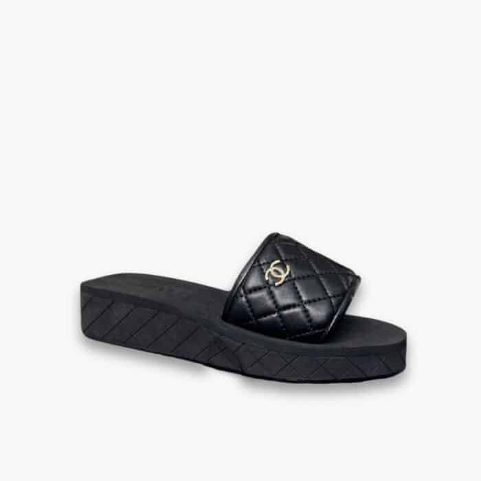 Chanel CC Quilted Platform Slides Black