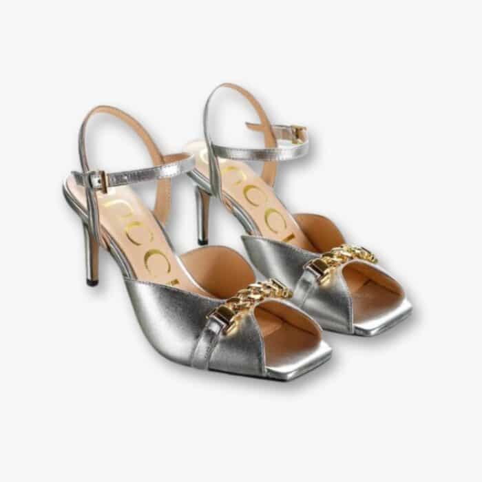 Gucci Metal Chain Mule Heels Sandals In Silver