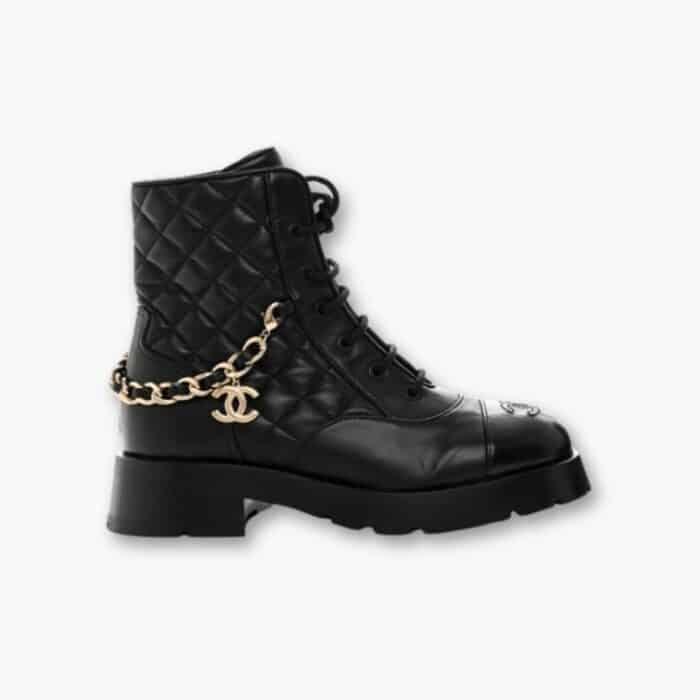 Chanel Quilted Leather Lace Up Combat Boots Black