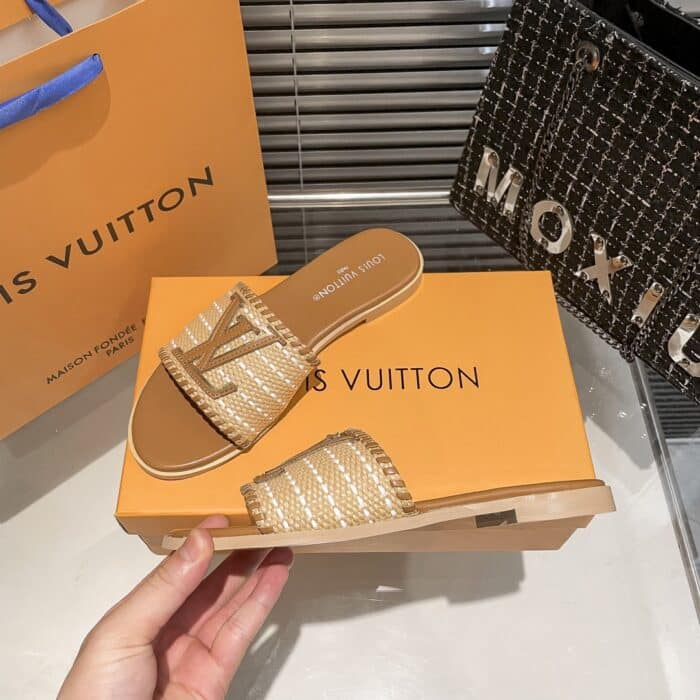 Louis Vuitton Lock It Flat Raffia Mules Brown - Image 8