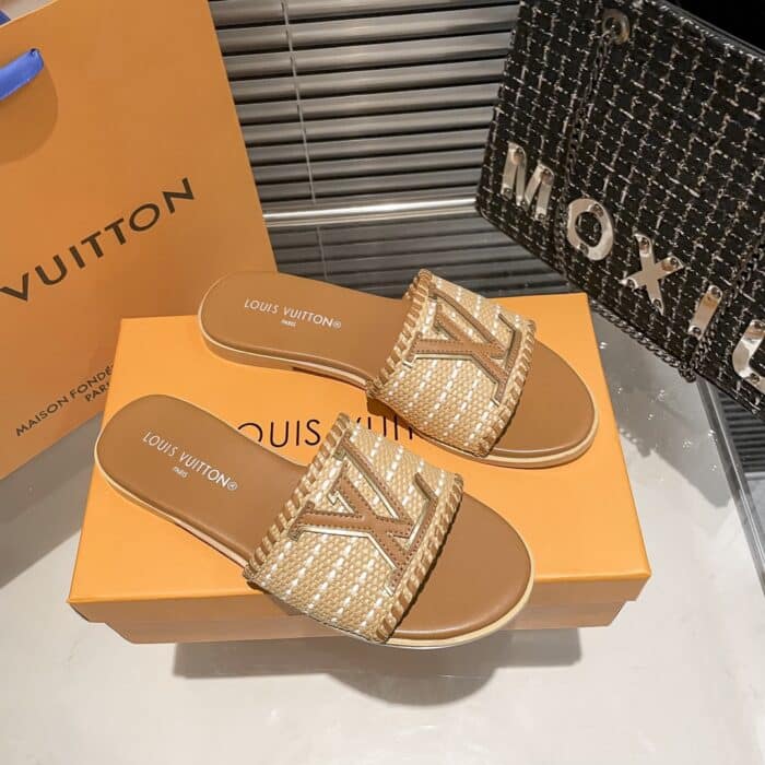 Louis Vuitton Lock It Flat Raffia Mules Brown - Image 6