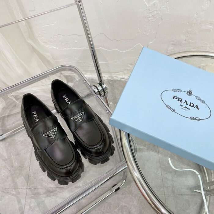 Prada Monolith Brushed Leather Loafers In Black 2DE129B4LF0002 - Image 6