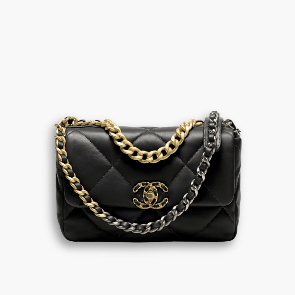 Chanel 19 Handbag Shiny Gold And Silver Tone Metal Black 26cm AS1160 B04852 94305