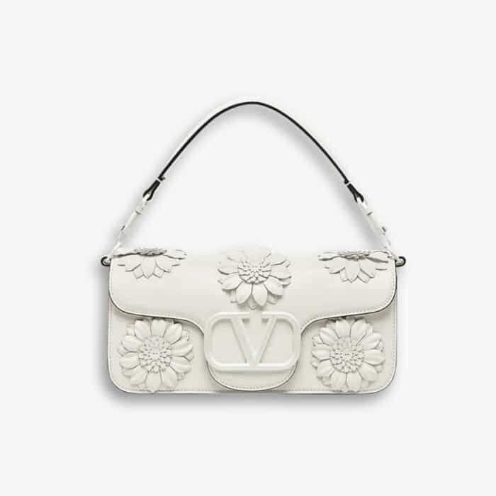 Valentino Garavani Loco Flower Shoulder Bag White 26cm