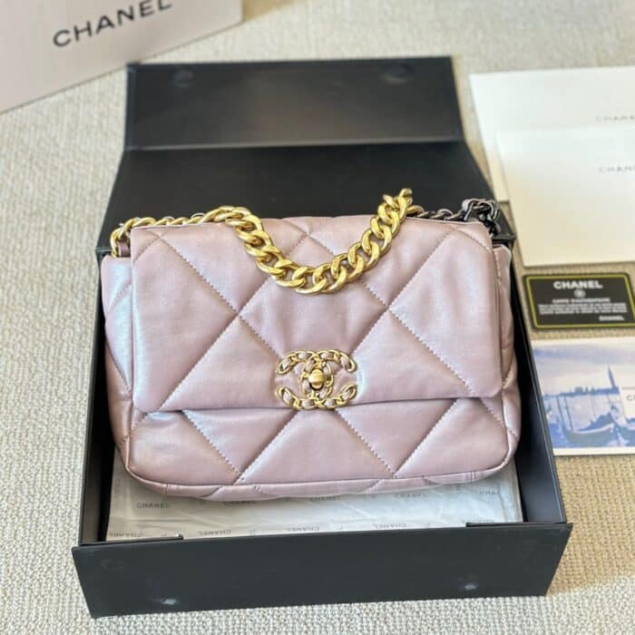 Chanel 19 Flap Bag Metallic Silver Light Pink 26cm - Image 2