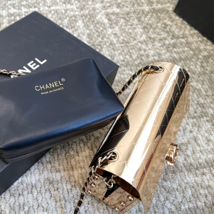 Chanel Quilted Hammered Metal Mini Classic Flap Evening Box Bag Gold 18cm - Image 4
