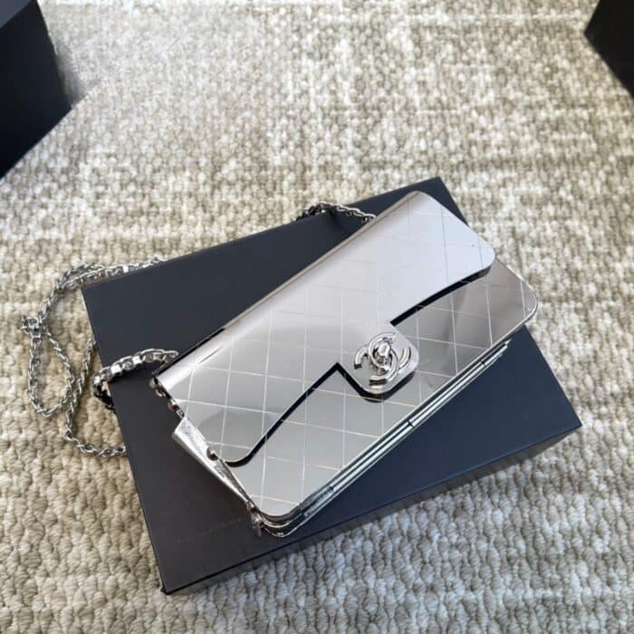 Chanel Quilted Hammered Metal Mini Classic Flap Evening Box Bag Silver 18cm - Image 2