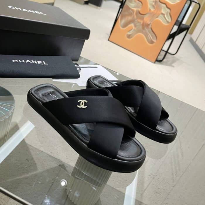 Chanel CC Logo Criss Cross Slides Black - Image 5