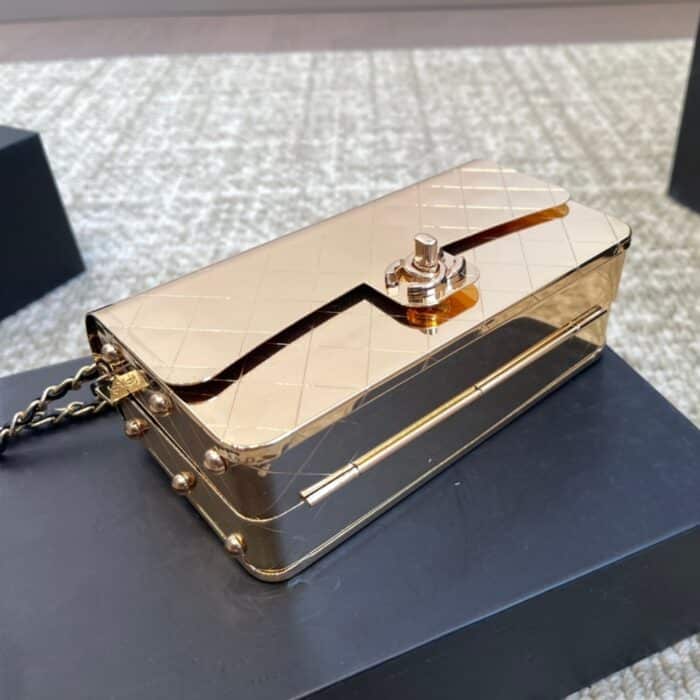 Chanel Quilted Hammered Metal Mini Classic Flap Evening Box Bag Gold 18cm - Image 3