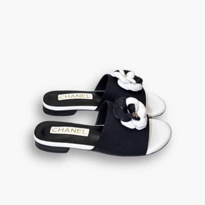 Chanel Camellia Two Tone Slides White And Black