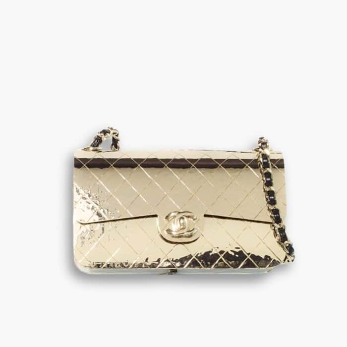 Chanel Quilted Hammered Metal Mini Classic Flap Evening Box Bag Gold 18cm