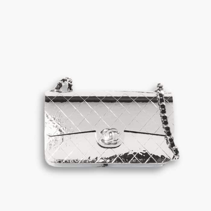 Chanel Quilted Hammered Metal Mini Classic Flap Evening Box Bag Silver 18cm