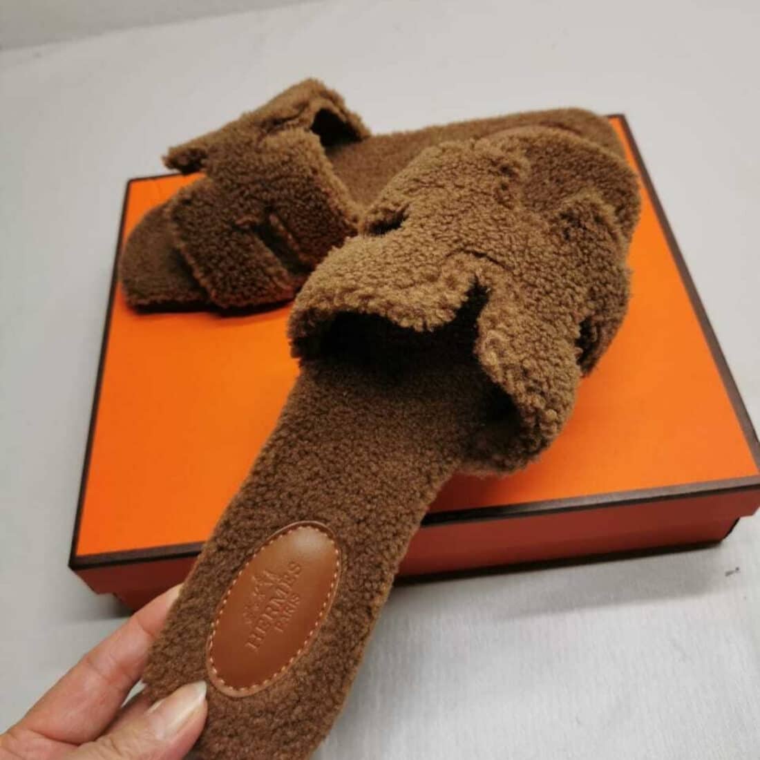 Hermes Oran Teddy Bear Slipper Sandals Cognac - Image 6