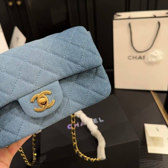 Chanel Classic Handbag Washed Denim And Gold Tone Metal Blue 19cm A01112 B16747 NX158 - Image 7