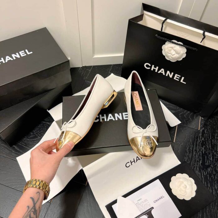 Chanel Leather Cap Toe Ballet Flats White Gold - Image 8