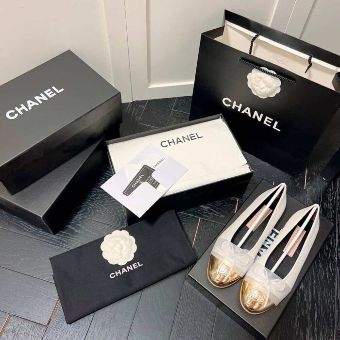 Chanel Leather Cap Toe Ballet Flats White Gold - Image 7