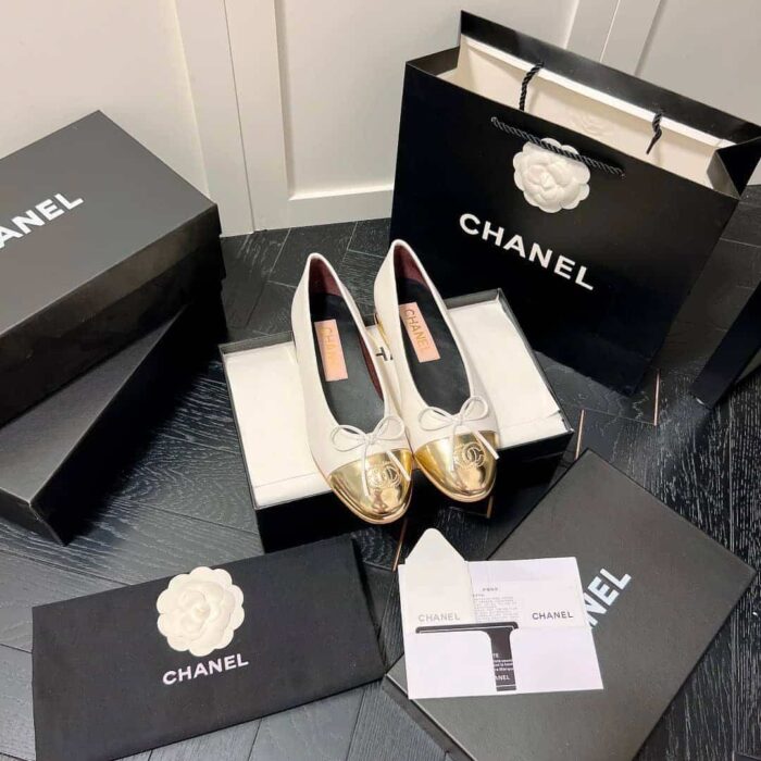 Chanel Leather Cap Toe Ballet Flats White Gold - Image 6