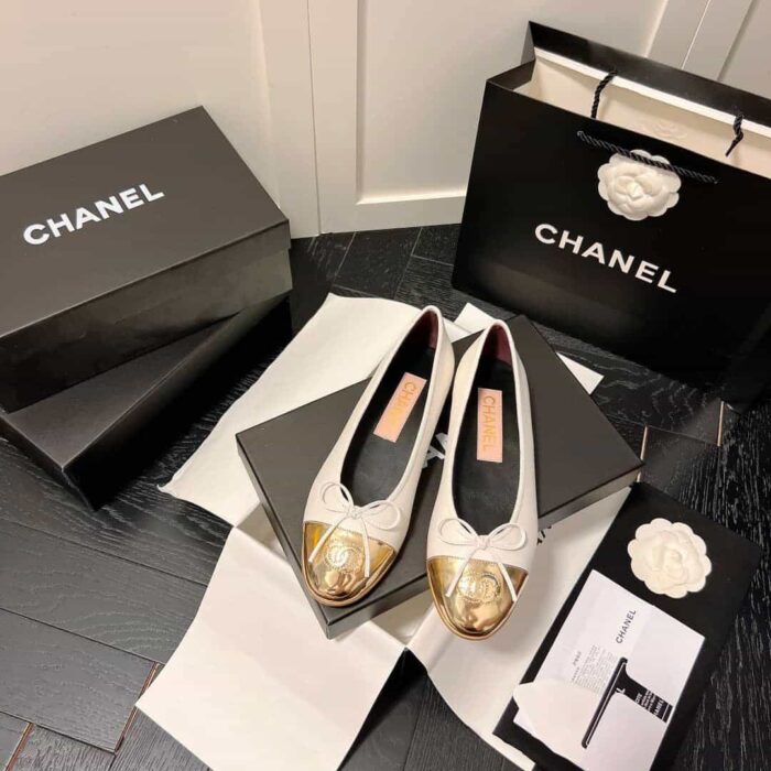 Chanel Leather Cap Toe Ballet Flats White Gold - Image 3