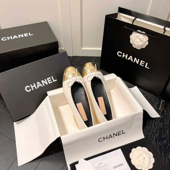 Chanel Leather Cap Toe Ballet Flats White Gold - Image 2