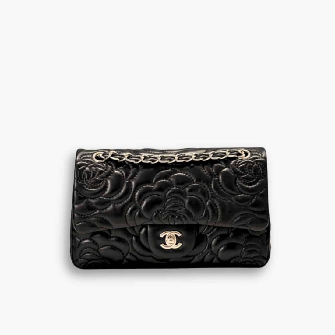 Chanel Flap Bag with Camellia Flower Chain Black 26cm