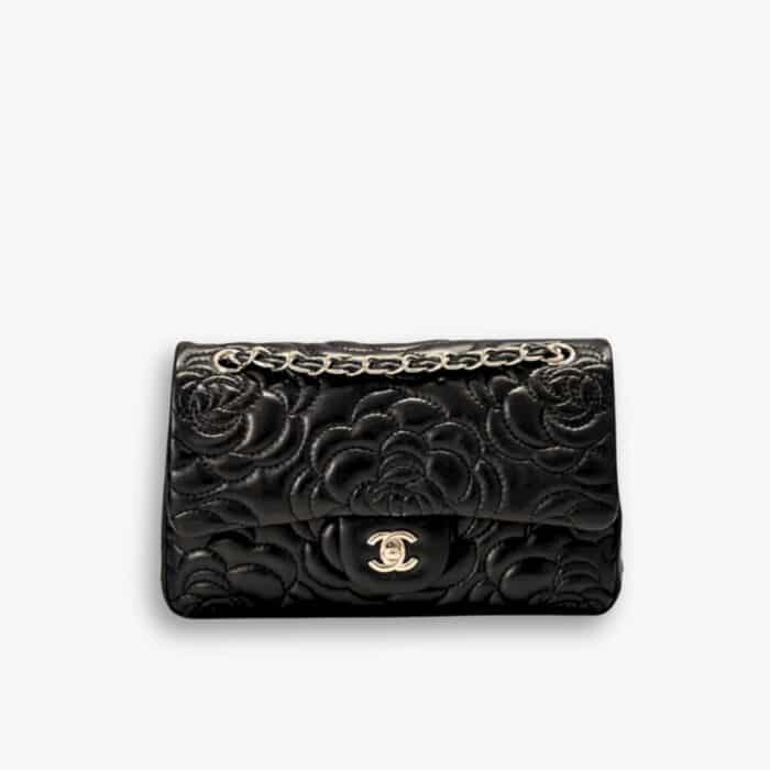 Chanel Flap Bag with Camellia Flower Chain Black 26cm