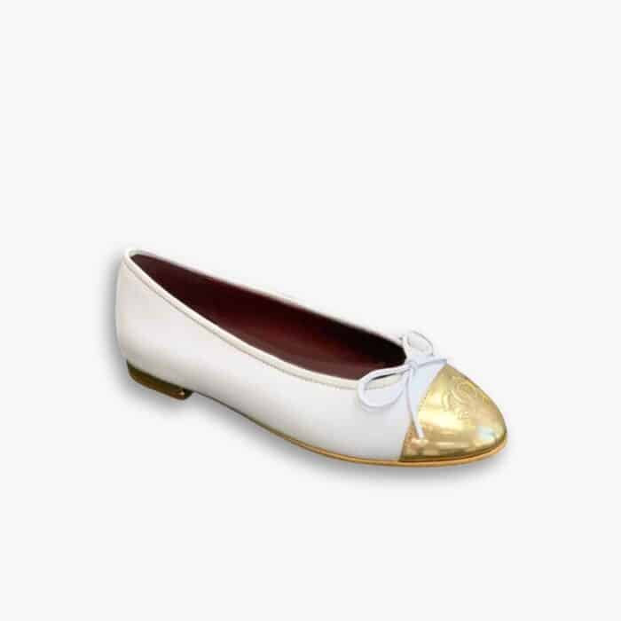 Chanel Leather Cap Toe Ballet Flats White Gold