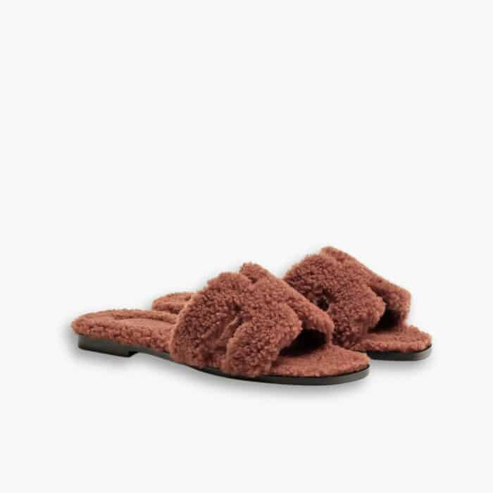 Hermes Oran Teddy Bear Slipper Sandals Cognac