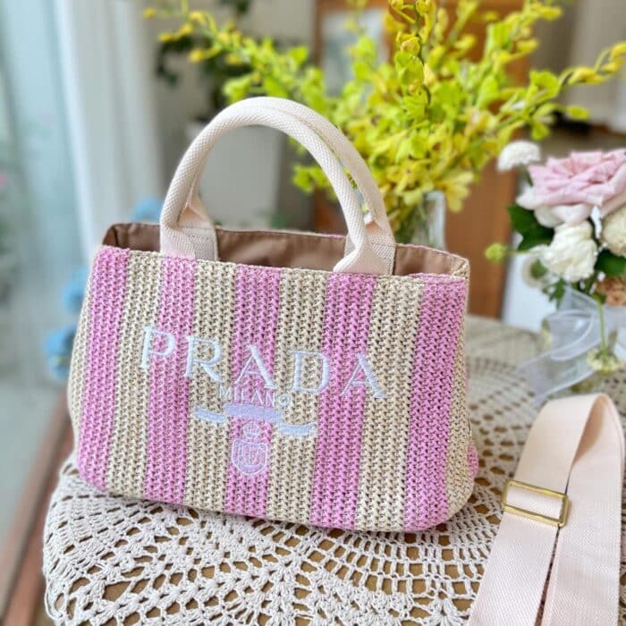 Prada Tote Printed Raffia Tan Pink Small 30cm - Image 4