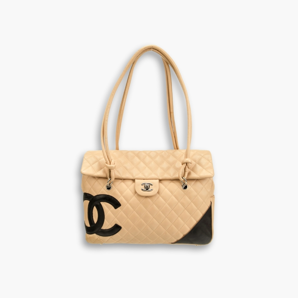 Chanel Cambon Shopping Bag Quilted Beige And Black 36cm