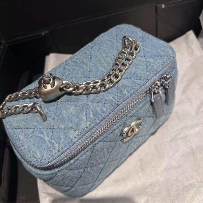 Chanel Camellia Denim Vanity Bag With Heart Chain Light Blue 18cm - Image 4