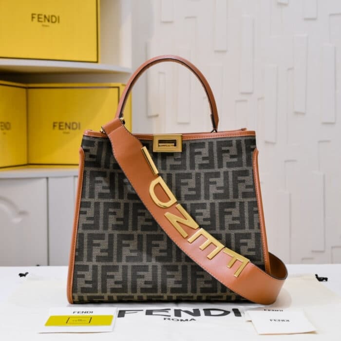 Fendi Peekaboo FF Logo Handbag Brown 30Cm - Image 2