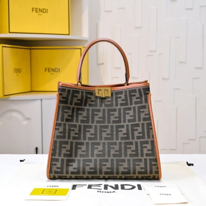 Fendi Peekaboo FF Logo Handbag Brown 30Cm - Image 3