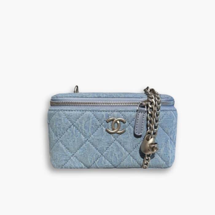 Chanel Camellia Denim Vanity Bag With Heart Chain Light Blue 18cm