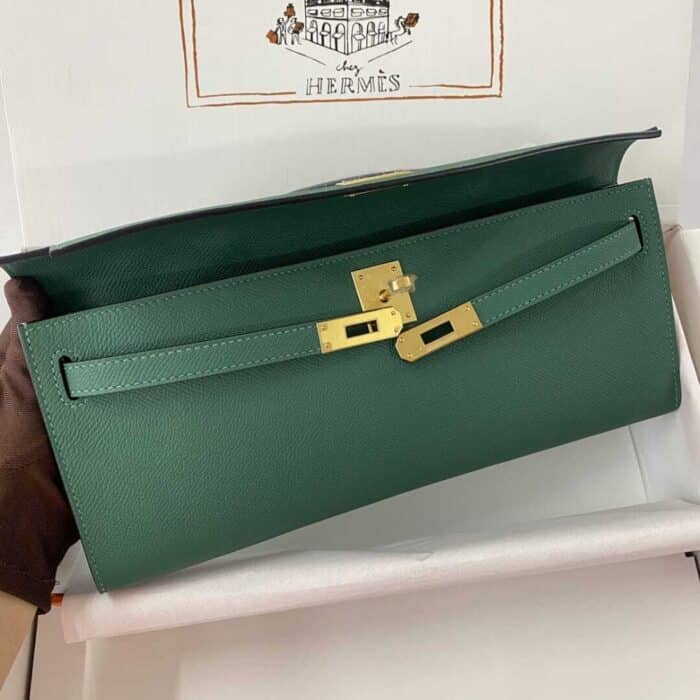 Hermes Kelly Cut Clutch Swift Gold Malachite 28Cm - Image 3