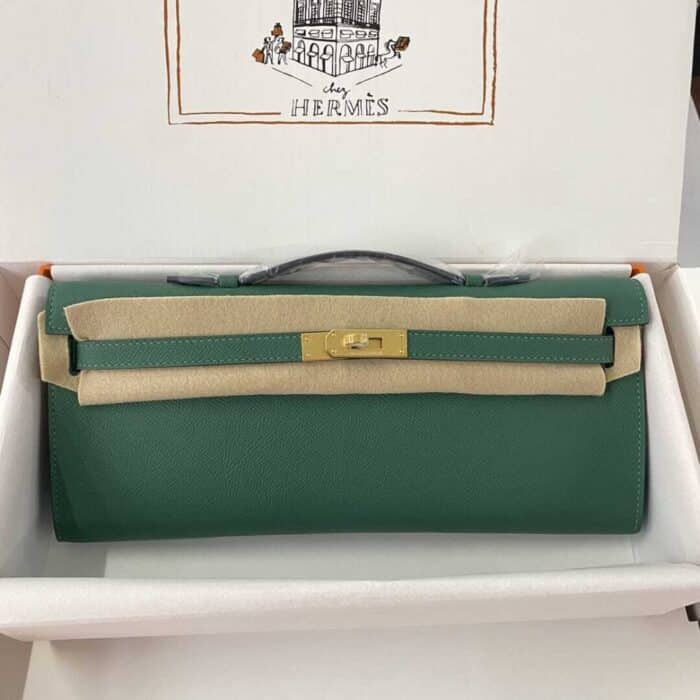 Hermes Kelly Cut Clutch Swift Gold Malachite 28Cm - Image 2
