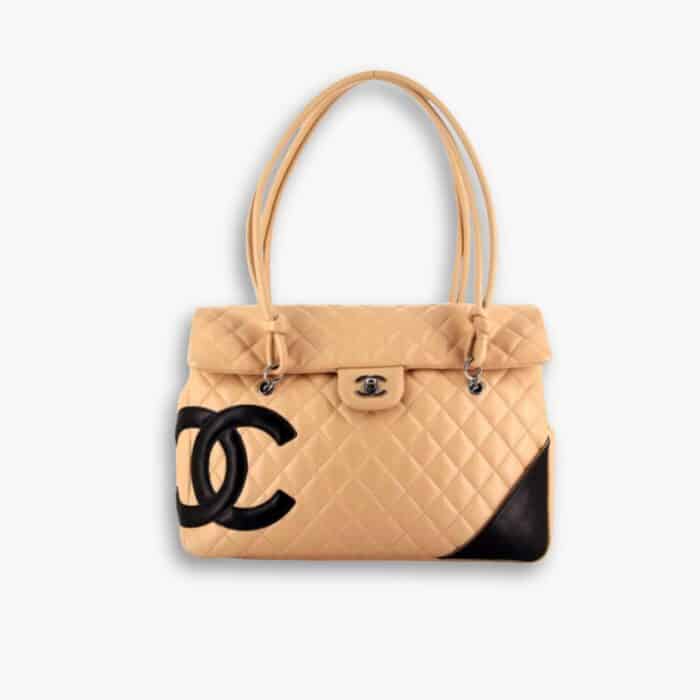 Chanel Cambon Shopping Bag Quilted Beige And Black 36cm
