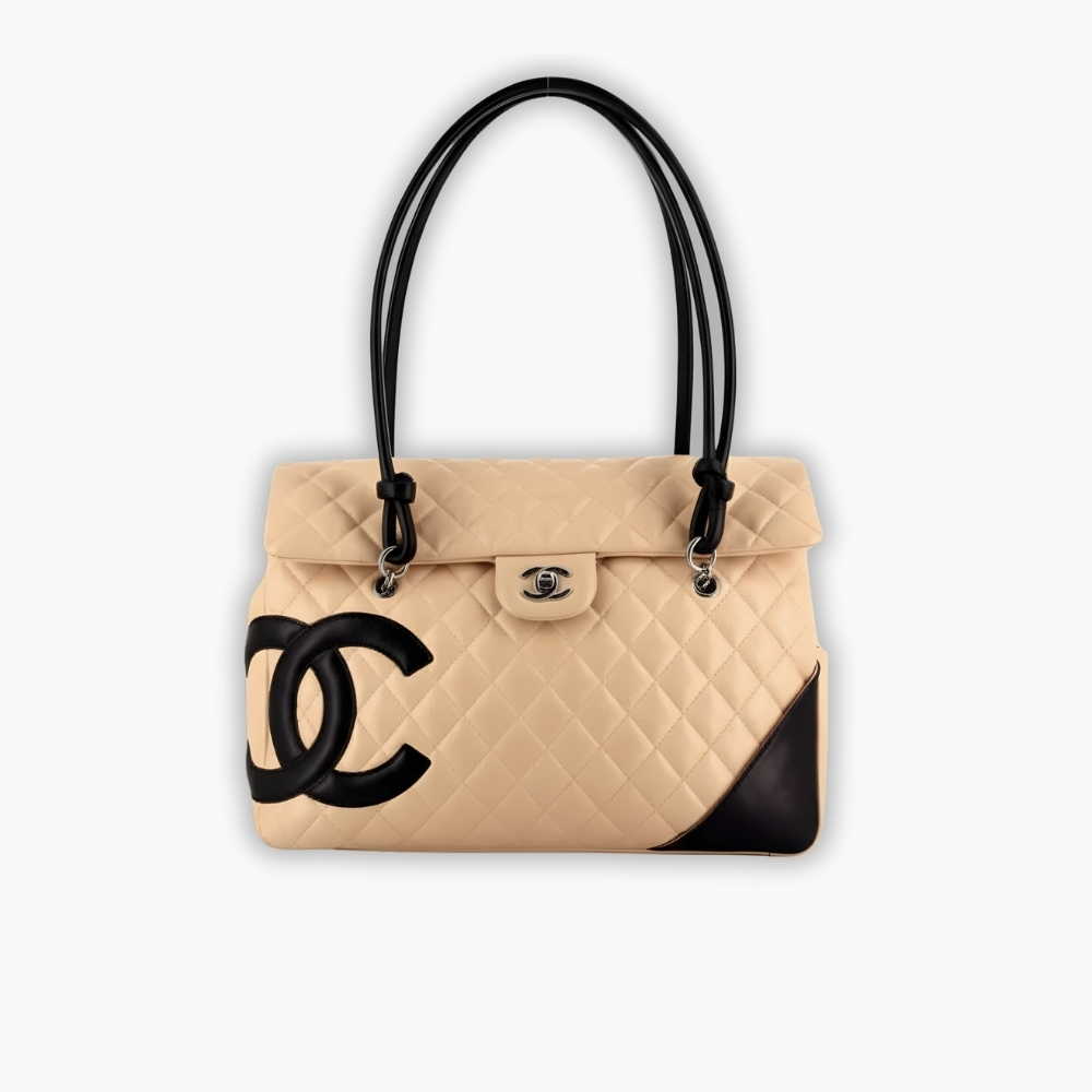 Chanel Cambon Shopping Bag Quilted Beige And Black 36cm