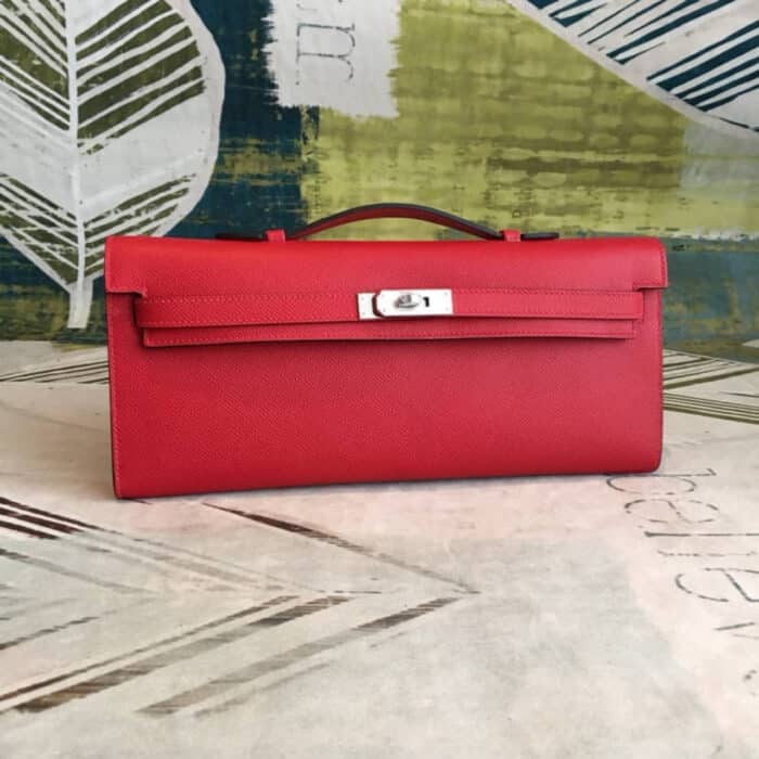 Hermes Kelly Cut Bag Clutch Palladium Rouge Casaque Epsom 28Cm - Image 2
