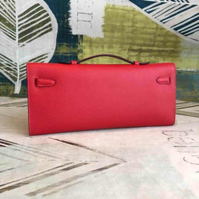 Hermes Kelly Cut Bag Clutch Palladium Rouge Casaque Epsom 28Cm - Image 4