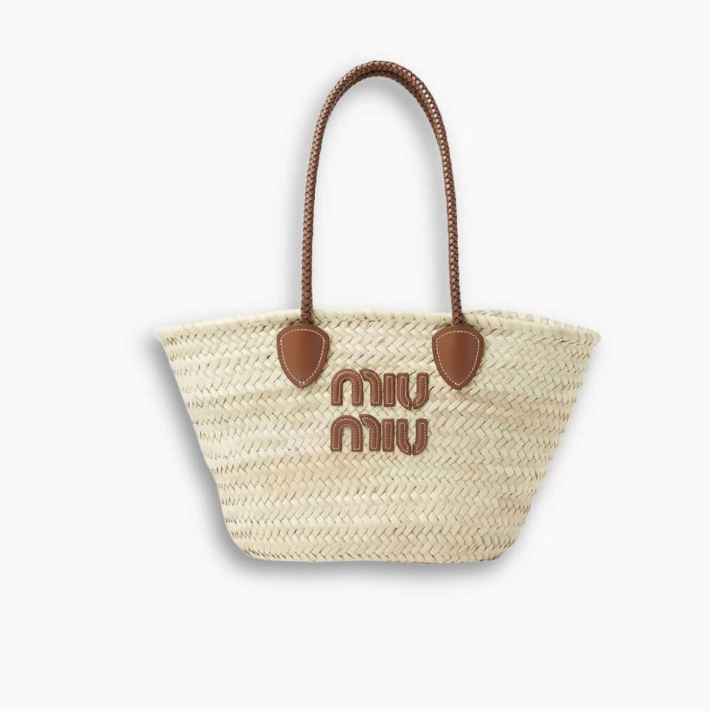 MiuMiu Palmetto Tote Bag Raffia In Tan 30cm 5BG206 2DDH F0A5T