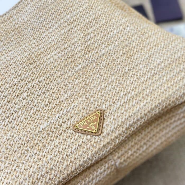Prada Logo Embossed Raffia Shoulder Bag Beige 33cm 1BC186VOUO2A2T - Image 5