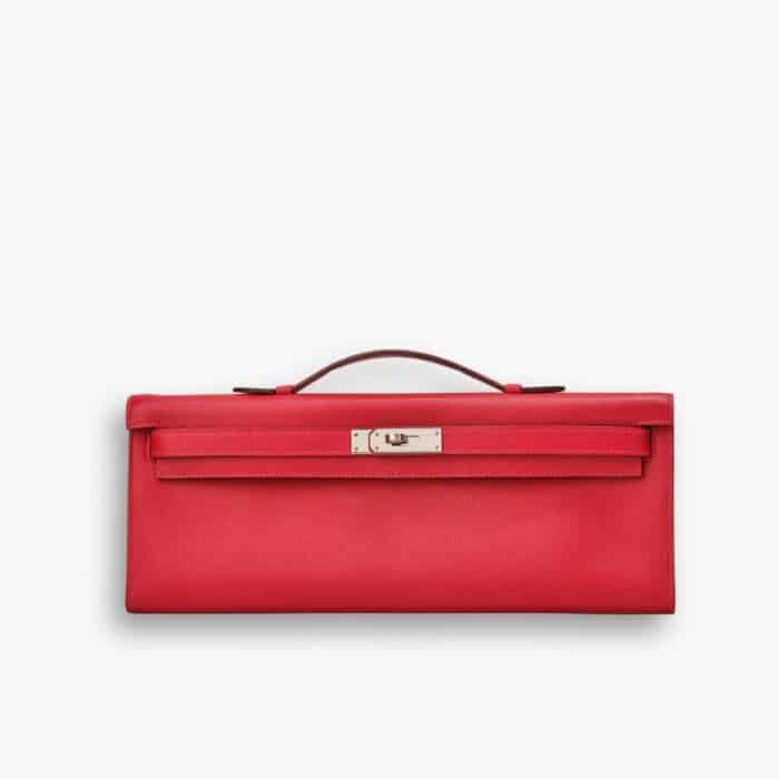 Hermes Kelly Cut Bag Clutch Palladium Rouge Casaque Epsom 28Cm