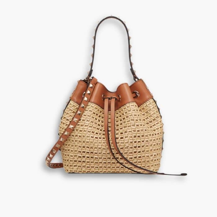 Valentino Rockstud Woven Bucket Bag Brown 19cm
