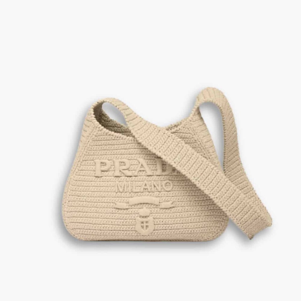 Prada Logo Embossed Raffia Shoulder Bag Beige 33cm 1BC186VOUO2A2T