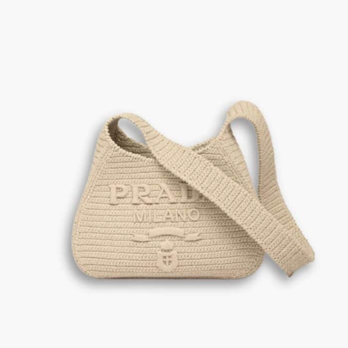 Prada Logo Embossed Raffia Shoulder Bag Beige 33cm 1BC186VOUO2A2T