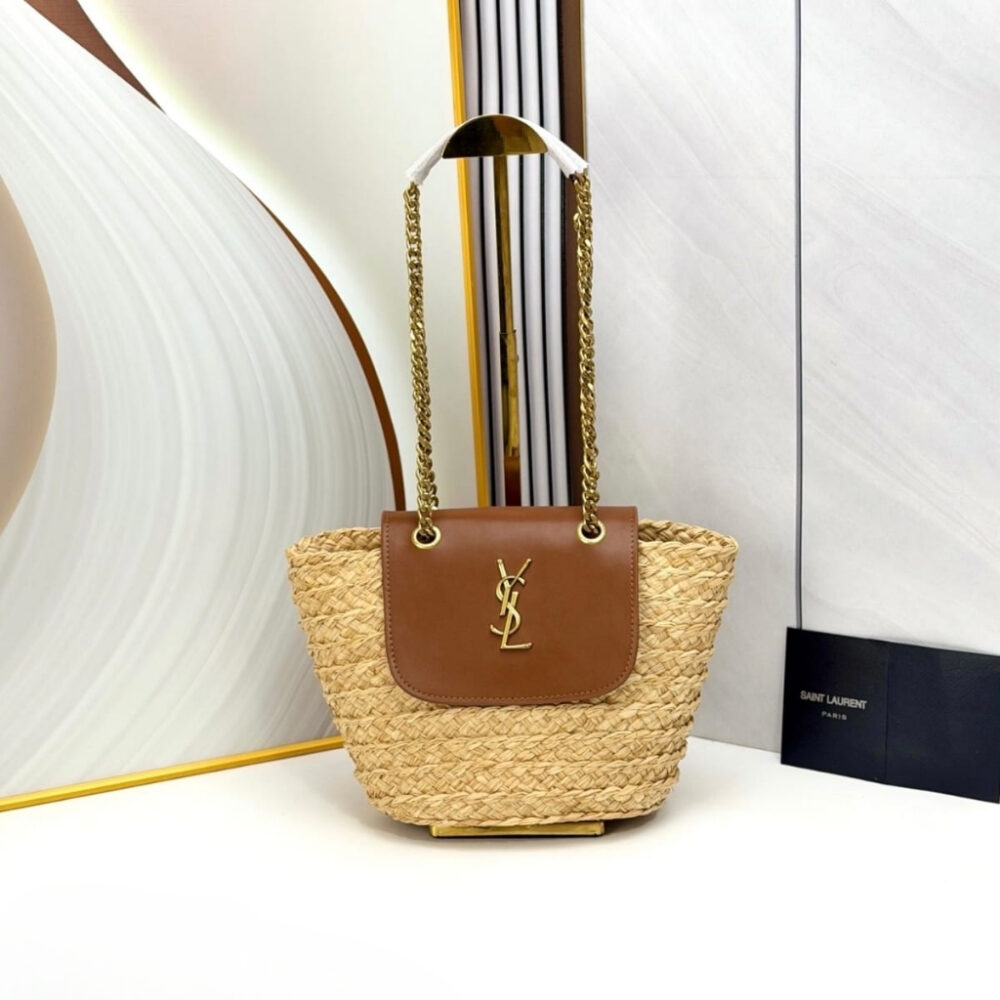 Alternative view of Saint Laurent Mini Manon In Raffia Natural And Brick 23cm 774269GAAED9051
