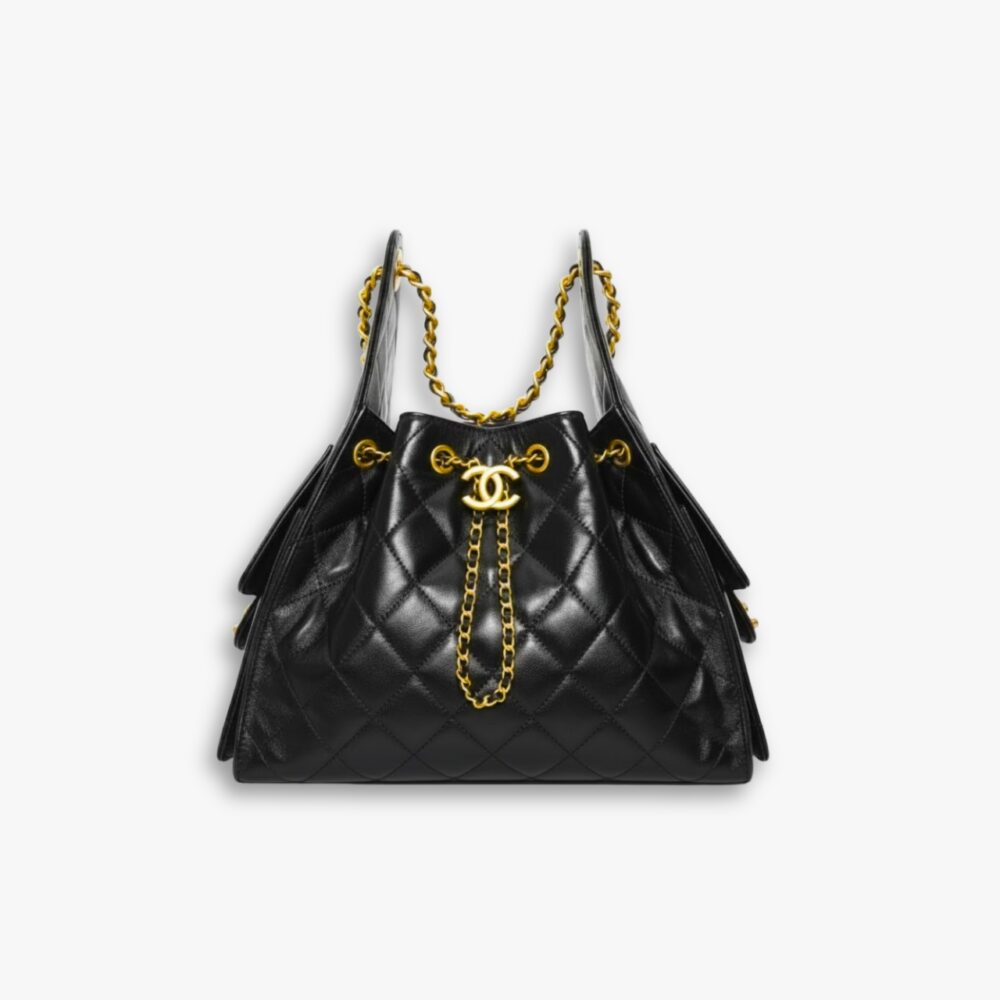 Chanel 25 Small Handbag Shiny Crumpled And Gold Tone Ruthenium Finish Metal Black 26Cm