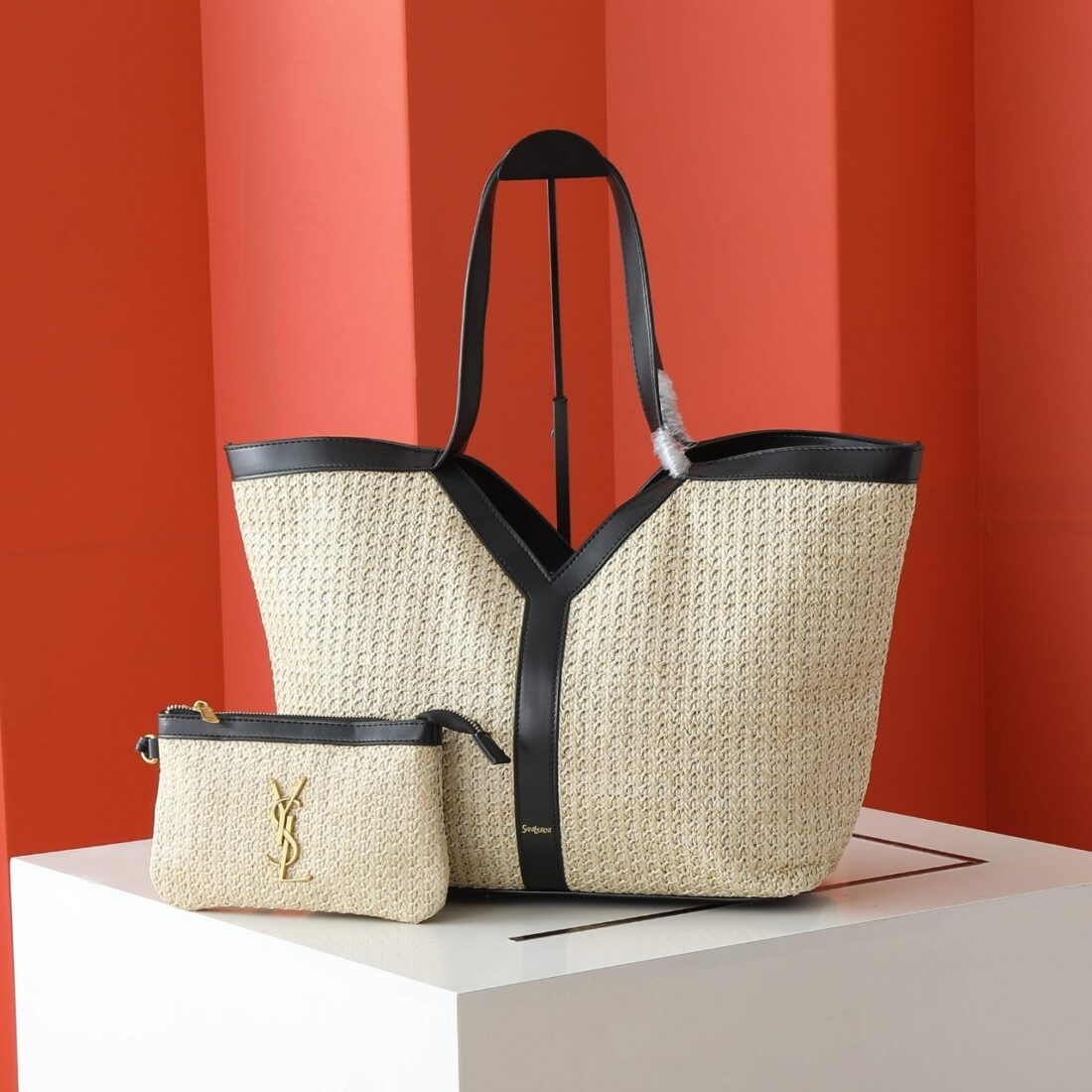 Saint Laurent Tiffany & Fred Paris Raffia Leather Large Tote Black 50Cm - Image 2